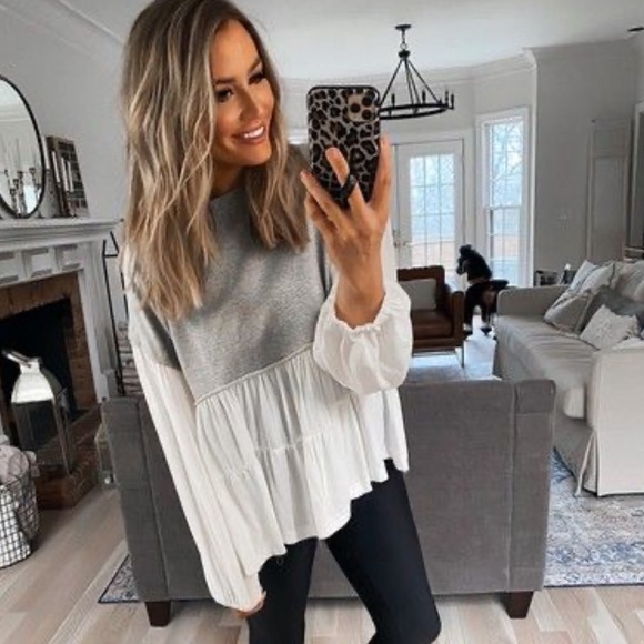 Fate Tiered French Terry and Gauze Boho Layered Tiered Top White and Grey Medium - Picture 11 of 11